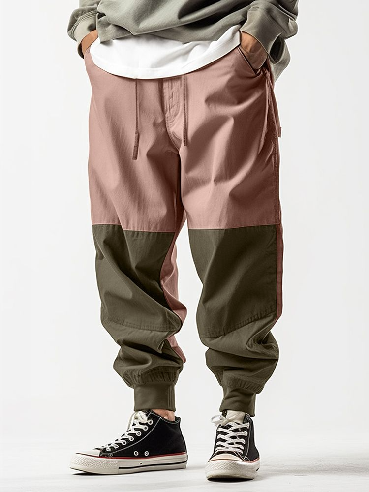 Mens Two Tone Patchwork Casual Drawstring Waist Loose Pants