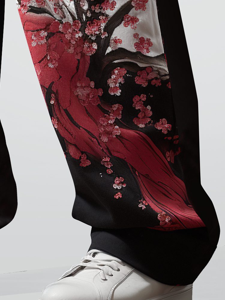 ChArmkpR Mens Japanese Floral Print Patchwork Drawstring Waist Straight Pants