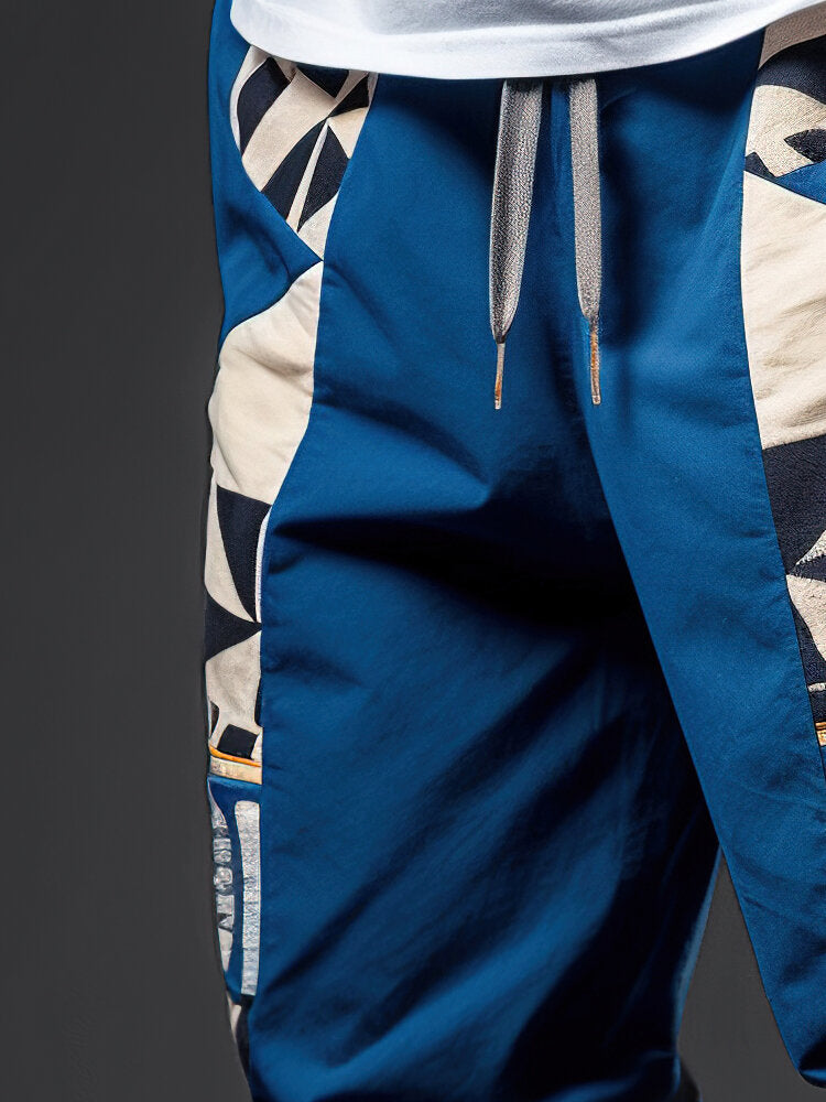 Mens Ethnic Geometric Print Patchwork Loose Drawstring Waist Pants