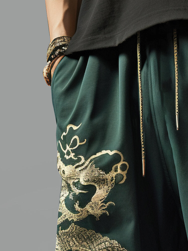 Mens Chinese Dragon Print Loose Drawstring Waist Pants With Pocket