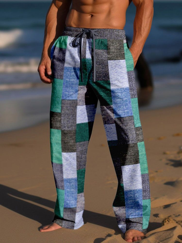 Mens Color Block Patchwork Drawstring Waist Straight Pants